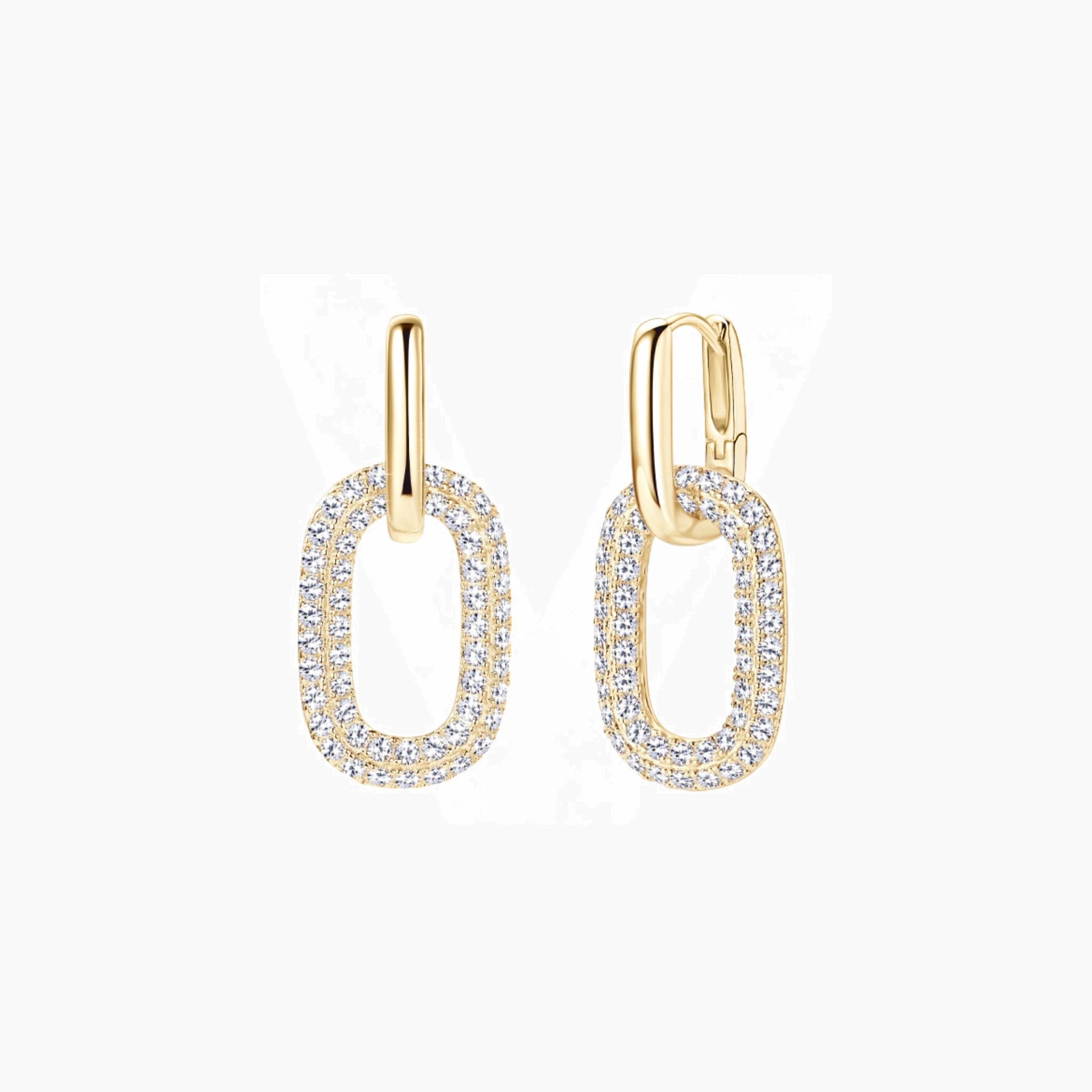 Multiway bold pavé moissanite link earrings in yellow gold vermeil, front and side views.