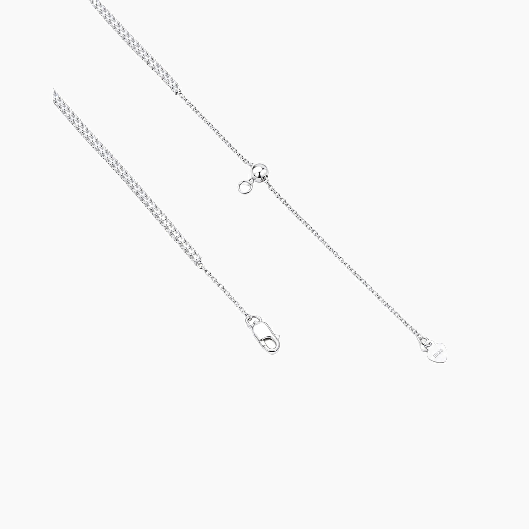Multiway moissanite tennis choker and bracelet in white gold vermeil, clasp and chain-end detail.