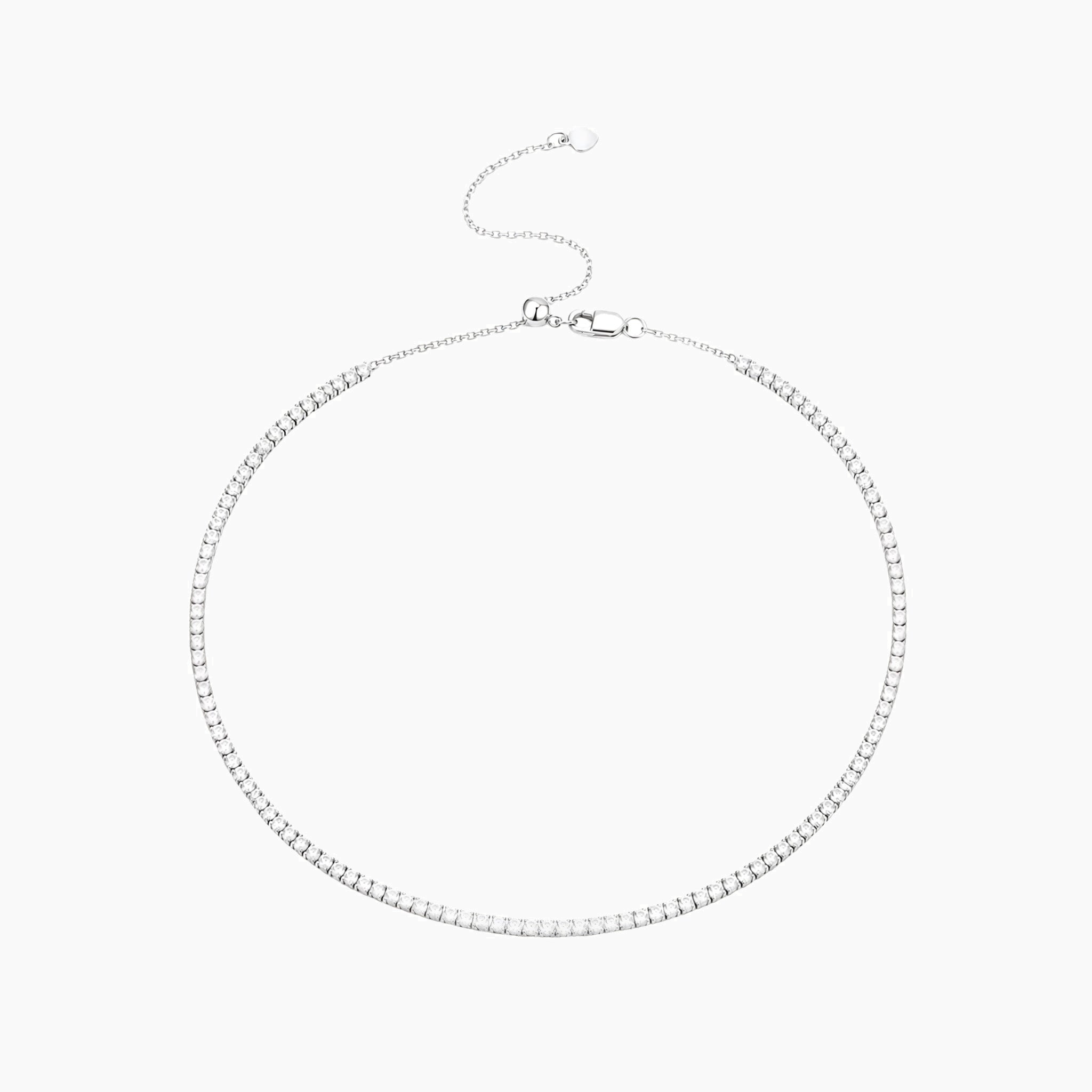 Multiway moissanite tennis choker and bracelet in white gold vermeil, full product view.