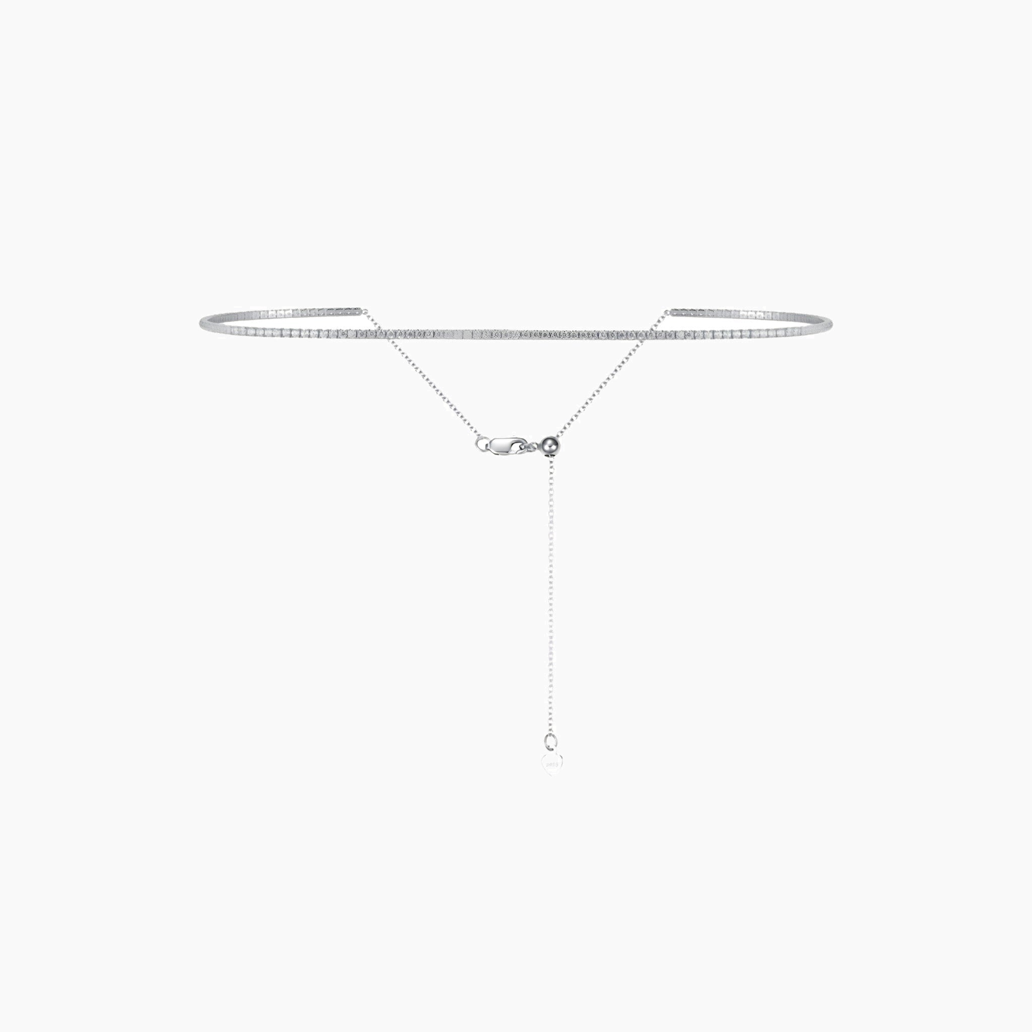 Multiway moissanite tennis choker and bracelet in white gold vermeil, side view.