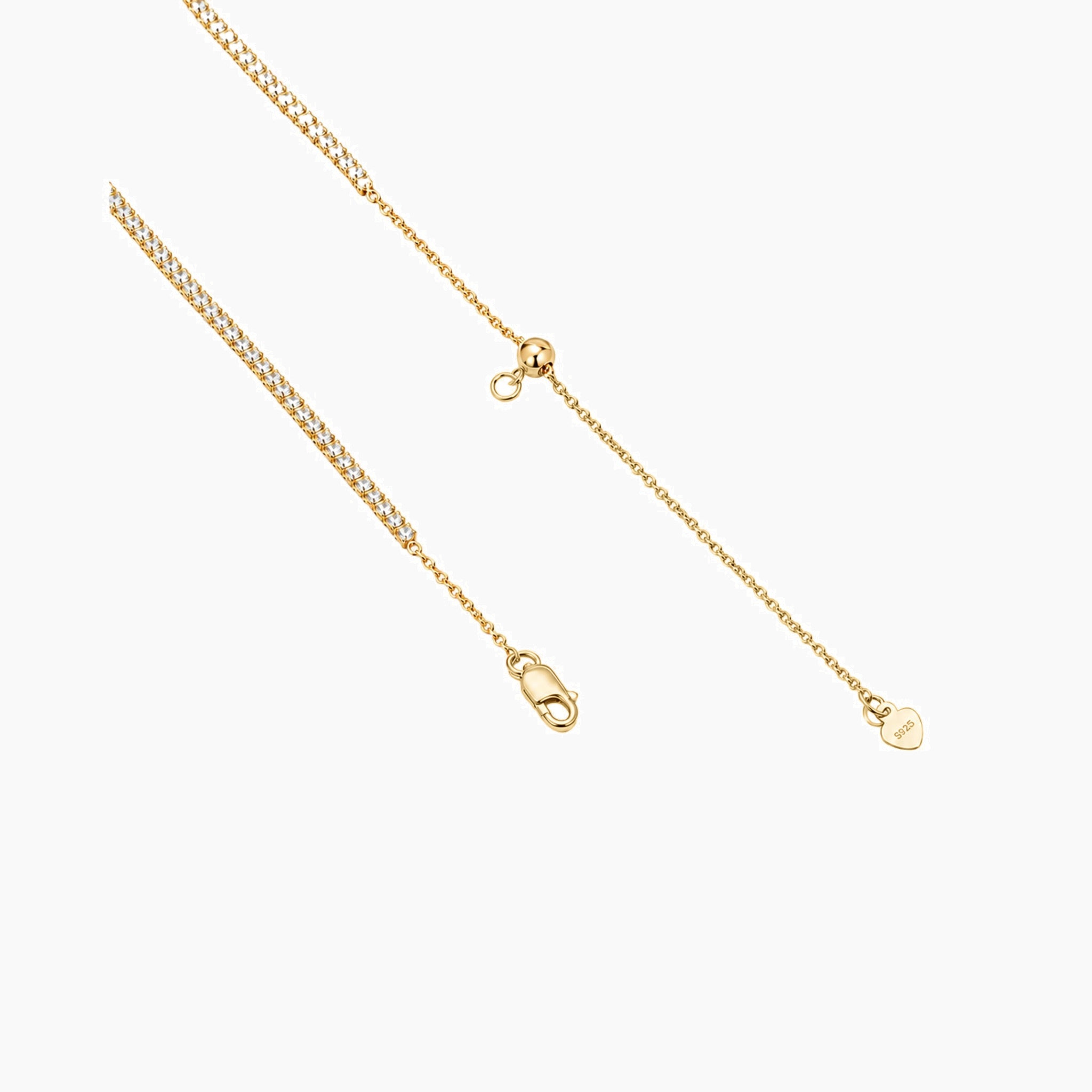 Multiway moissanite tennis choker and bracelet in yellow gold vermeil, clasp and chain-end detail.
