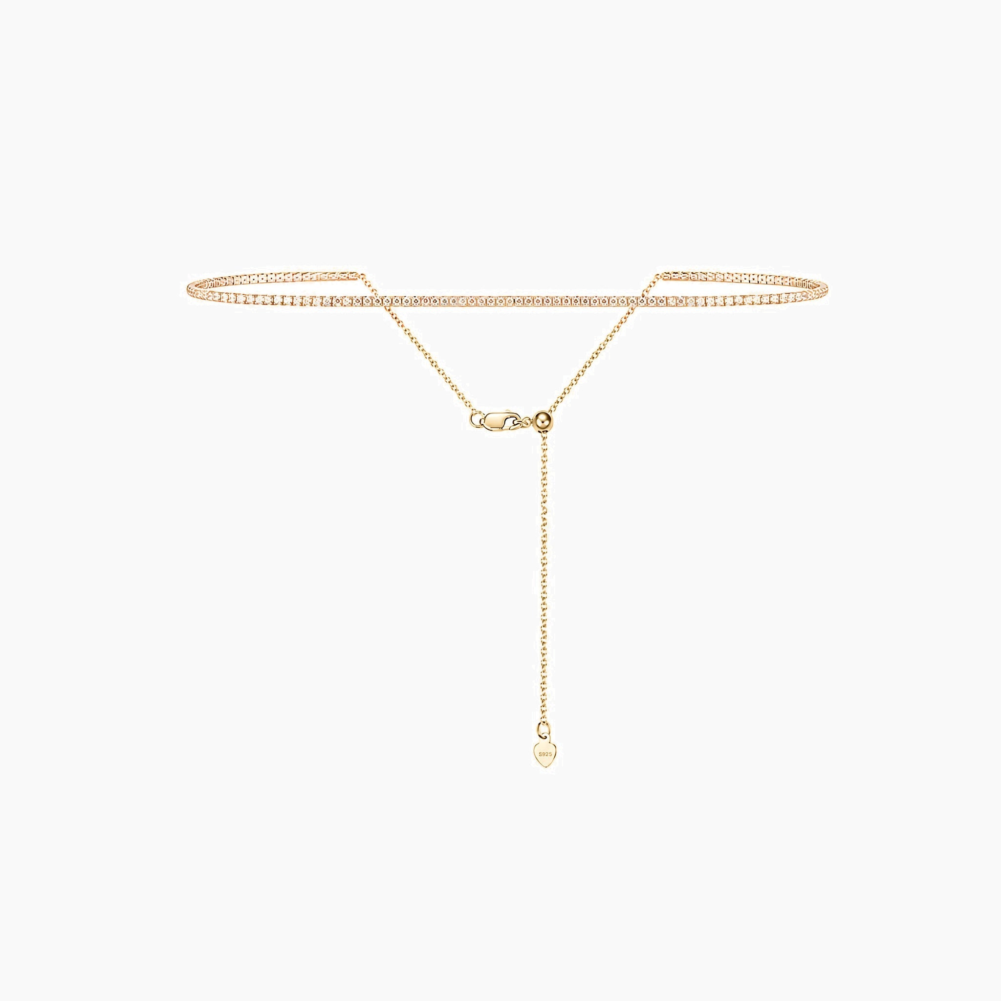 Multiway moissanite tennis choker and bracelet in yellow gold vermeil, side view.