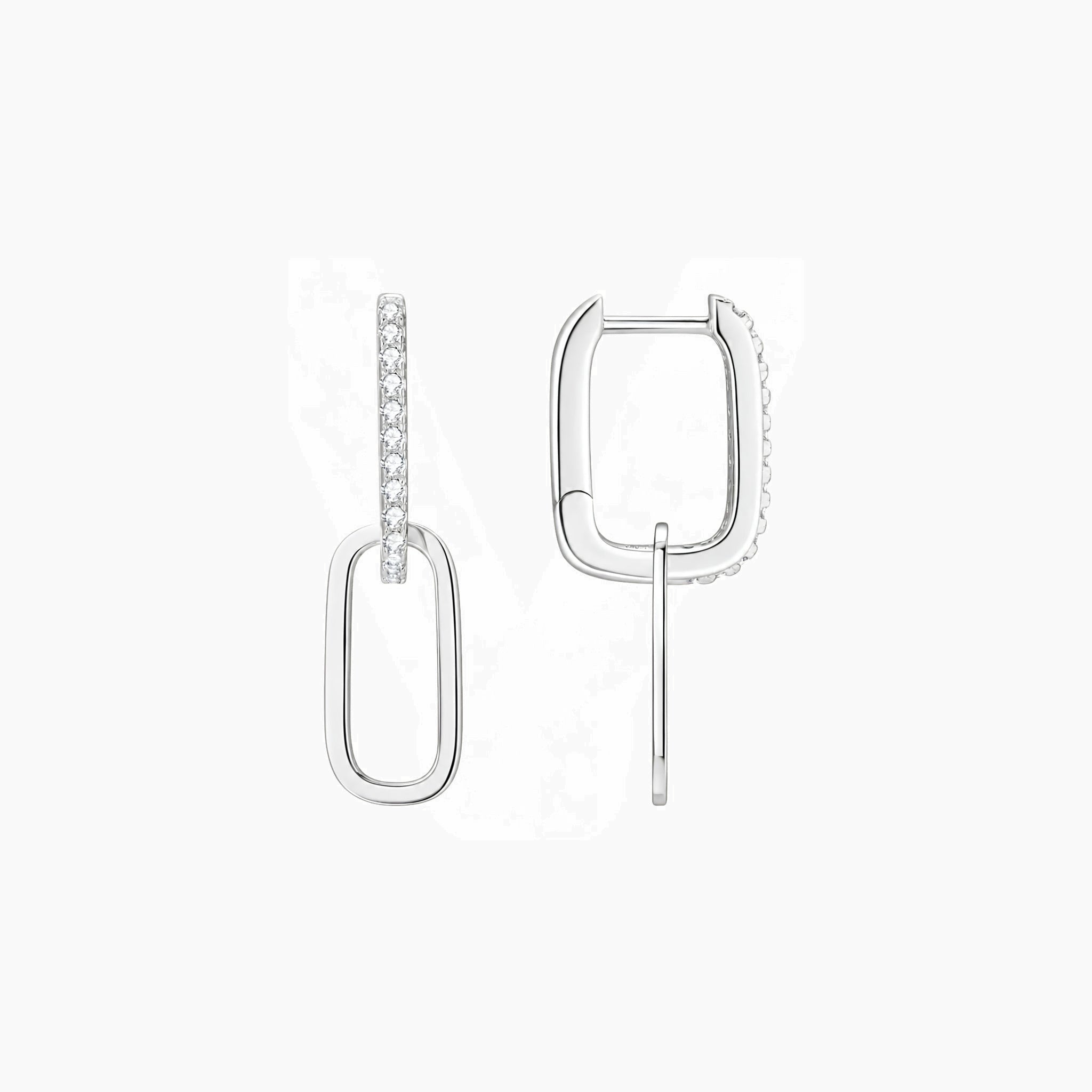 Multiway pavé moissanite link earrings in white gold vermeil, front and back views.