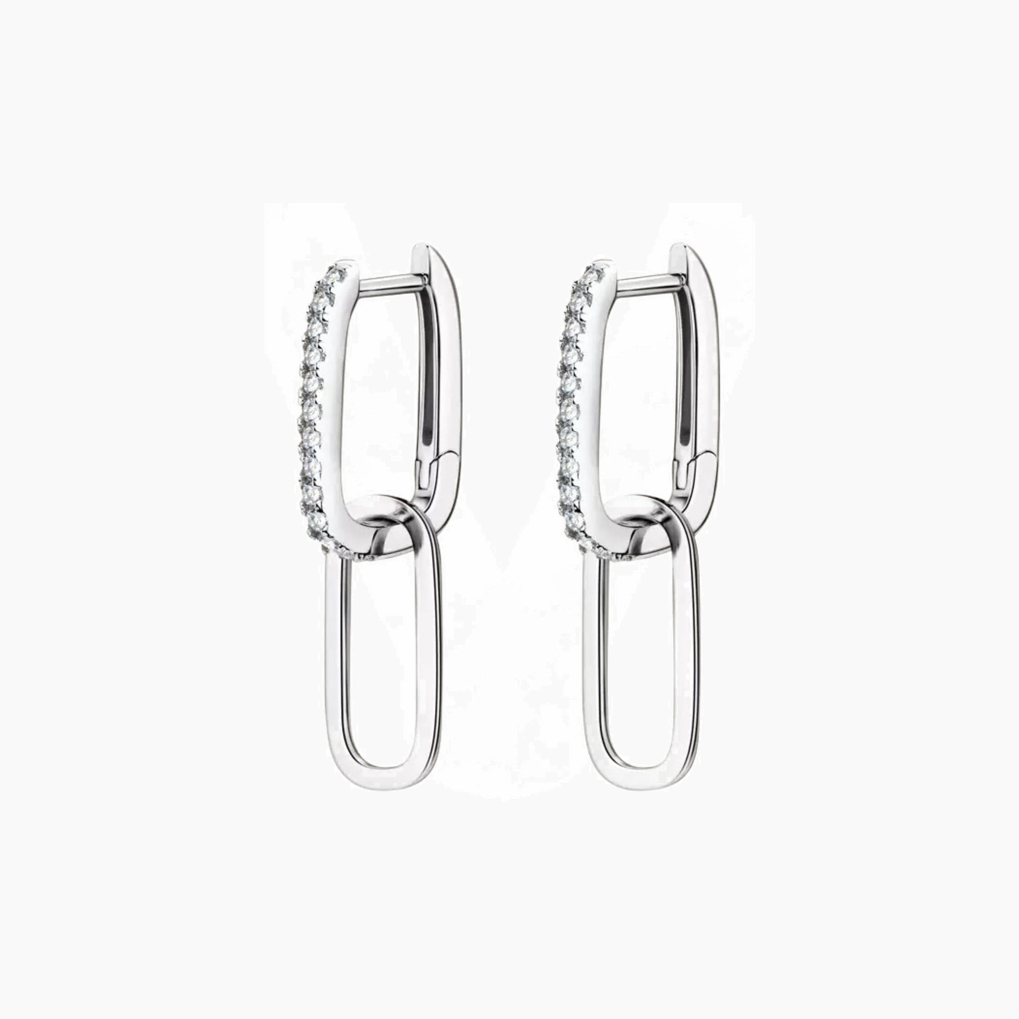 Multiway pavé moissanite link earrings in white gold vermeil, front and side views.