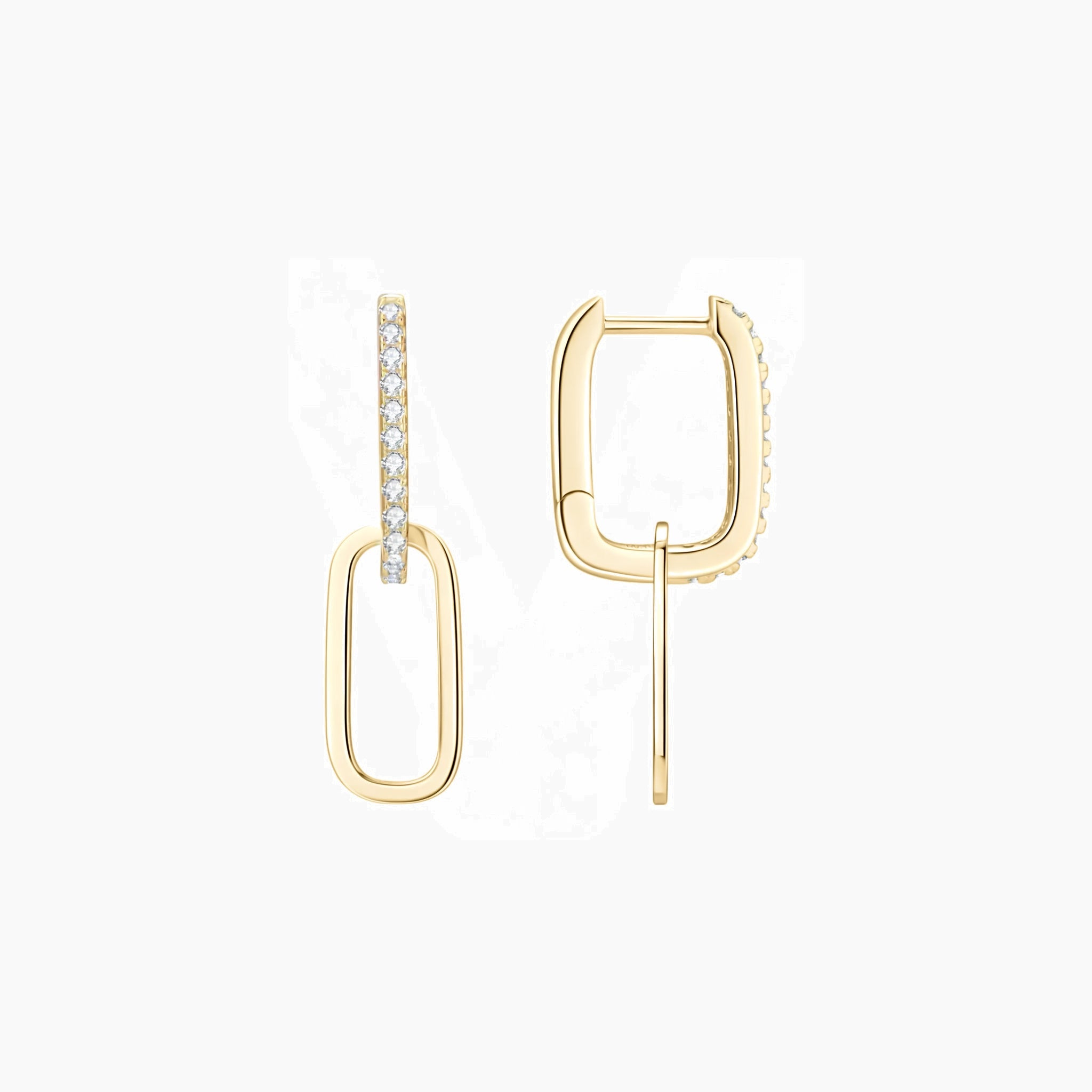 Multiway pavé moissanite link earrings in yellow gold vermeil, front and back views.