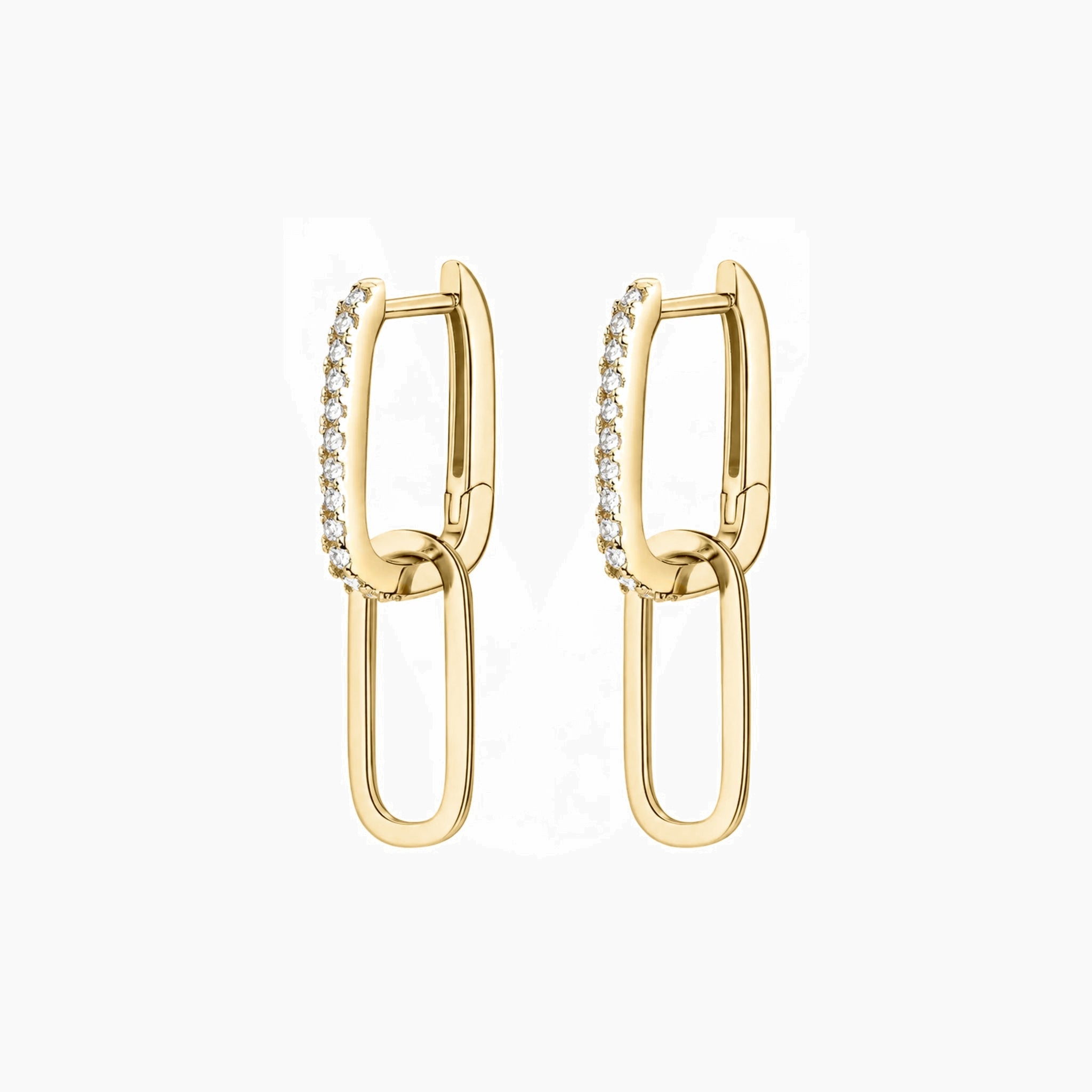 Multiway pavé moissanite link earrings in yellow gold vermeil, front and side views.