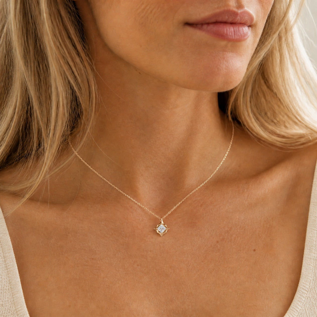 2 ct Princess-Cut Moissanite Bezel-Prong Pendant Necklace in 18k yellow gold vermeil, worn on a model.