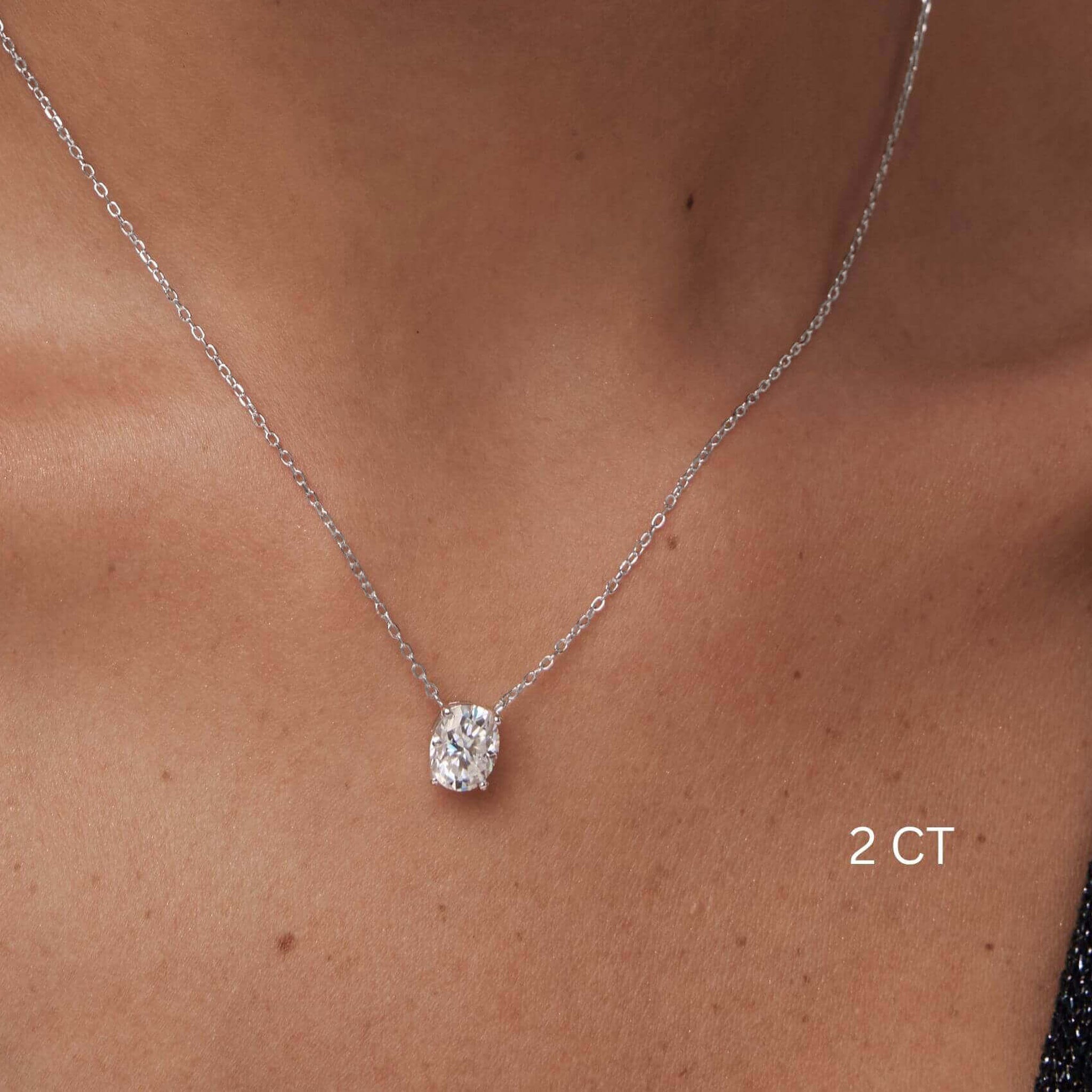 Oval-cut moissanite pendant necklace worn at the neckline.