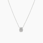 Oval-cut moissanite pendant necklace in white gold vermeil, front view.