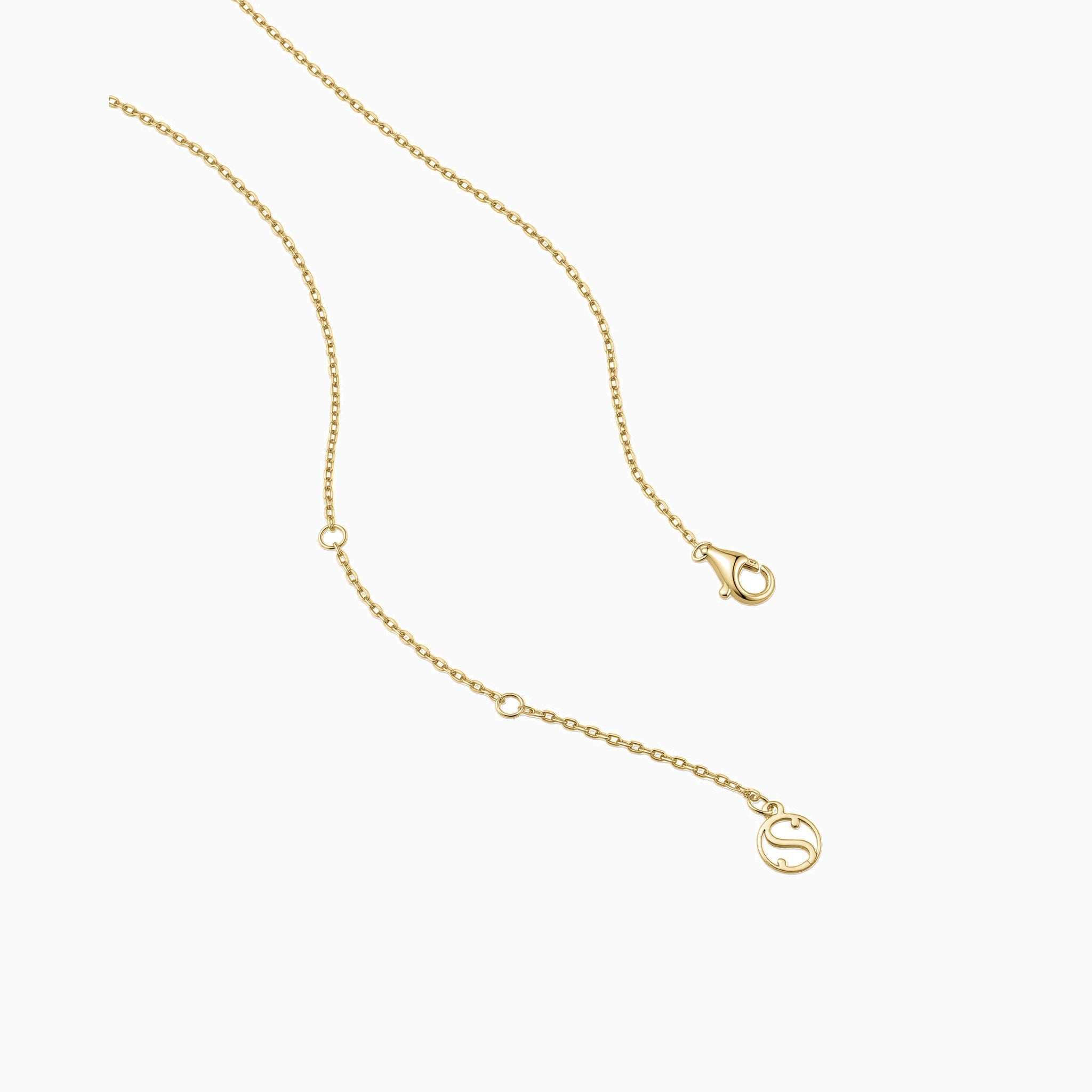 Oval-cut moissanite pendant necklace in yellow gold vermeil, clasp and chain-end detail.