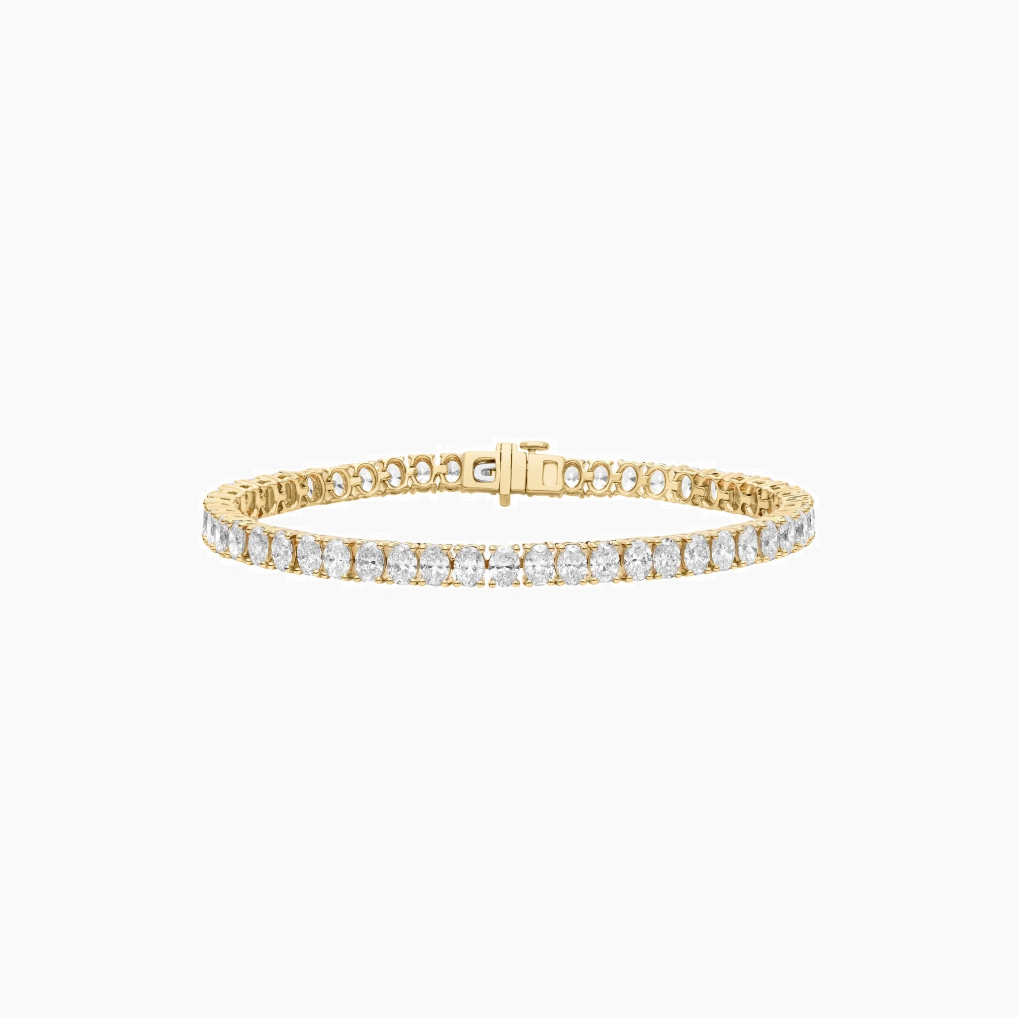 Oval-cut moissanite tennis bracelet in yellow gold vermeil, full product view.