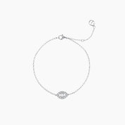 Pavé moissanite evil eye bracelet in white gold vermeil, full product view.
