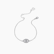 Pavé moissanite evil eye bracelet in white gold vermeil, open view showing the closure.