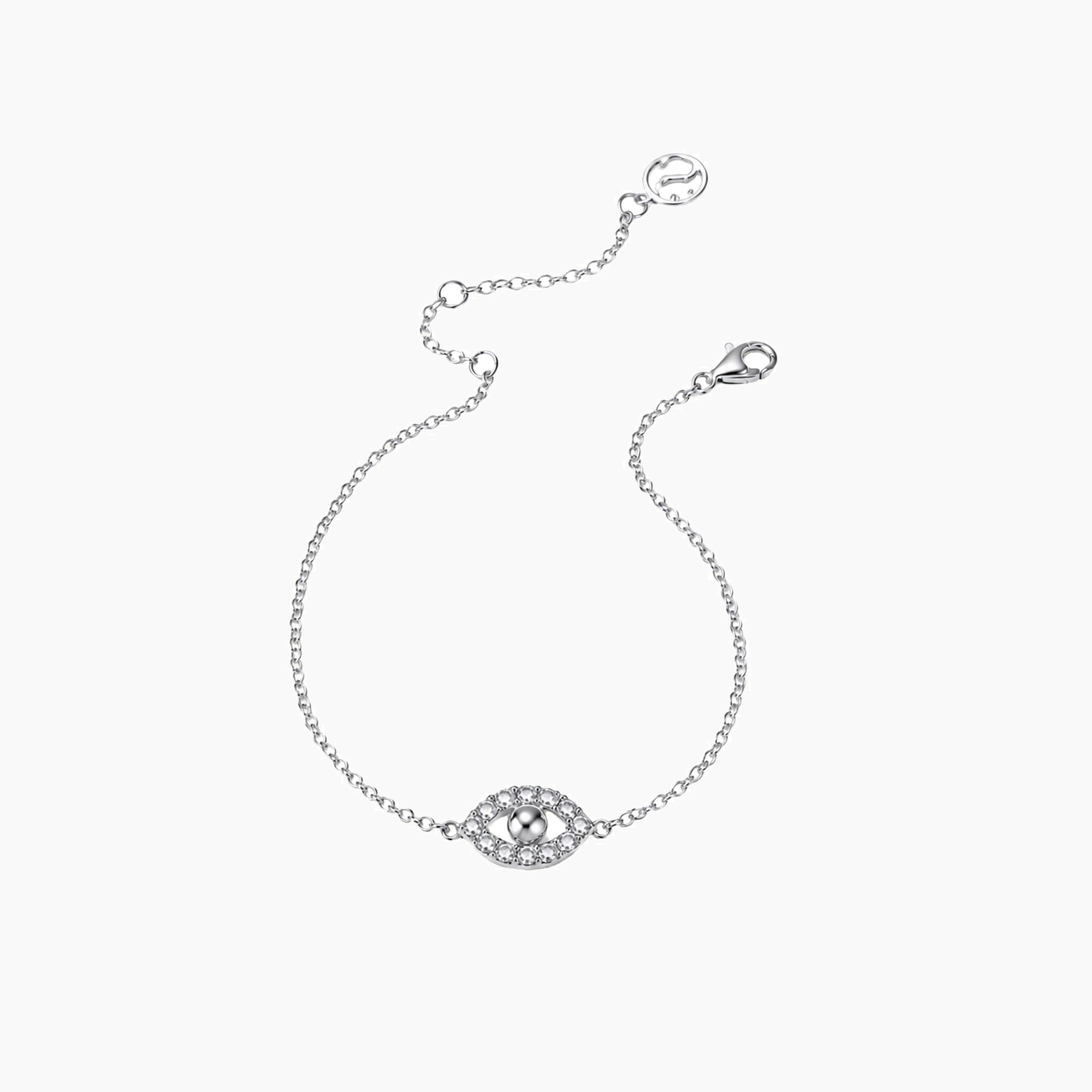 Pavé moissanite evil eye bracelet in white gold vermeil, open view showing the closure.