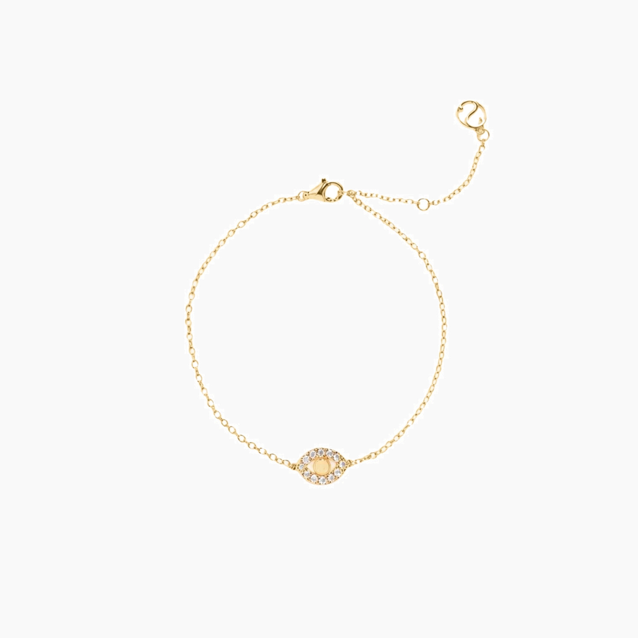 Pavé moissanite evil eye bracelet in yellow gold vermeil, full product view.