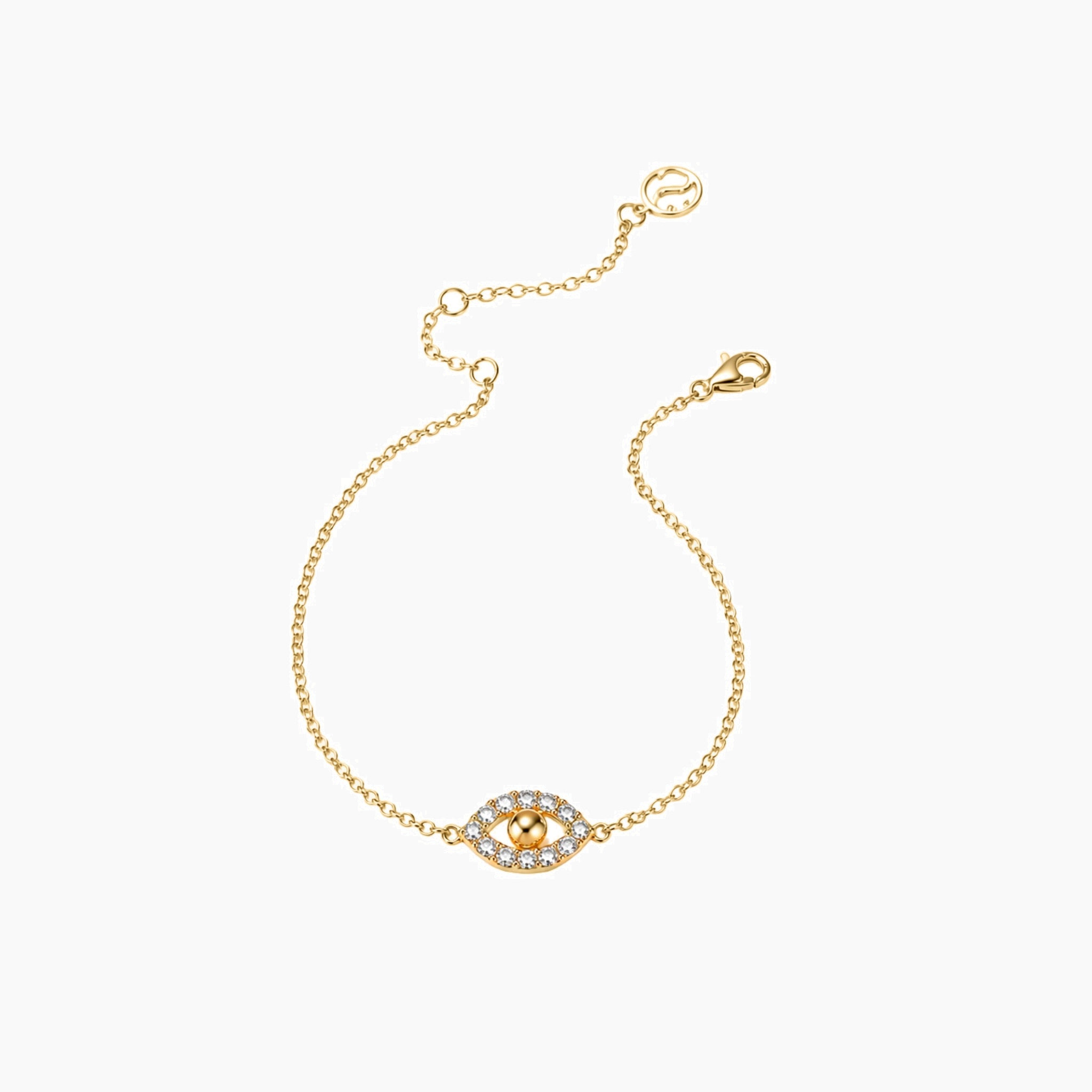 Pavé moissanite evil eye bracelet in yellow gold vermeil, open view showing the closure.