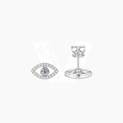 Pavé moissanite evil eye stud earrings in white gold vermeil, front and back views.