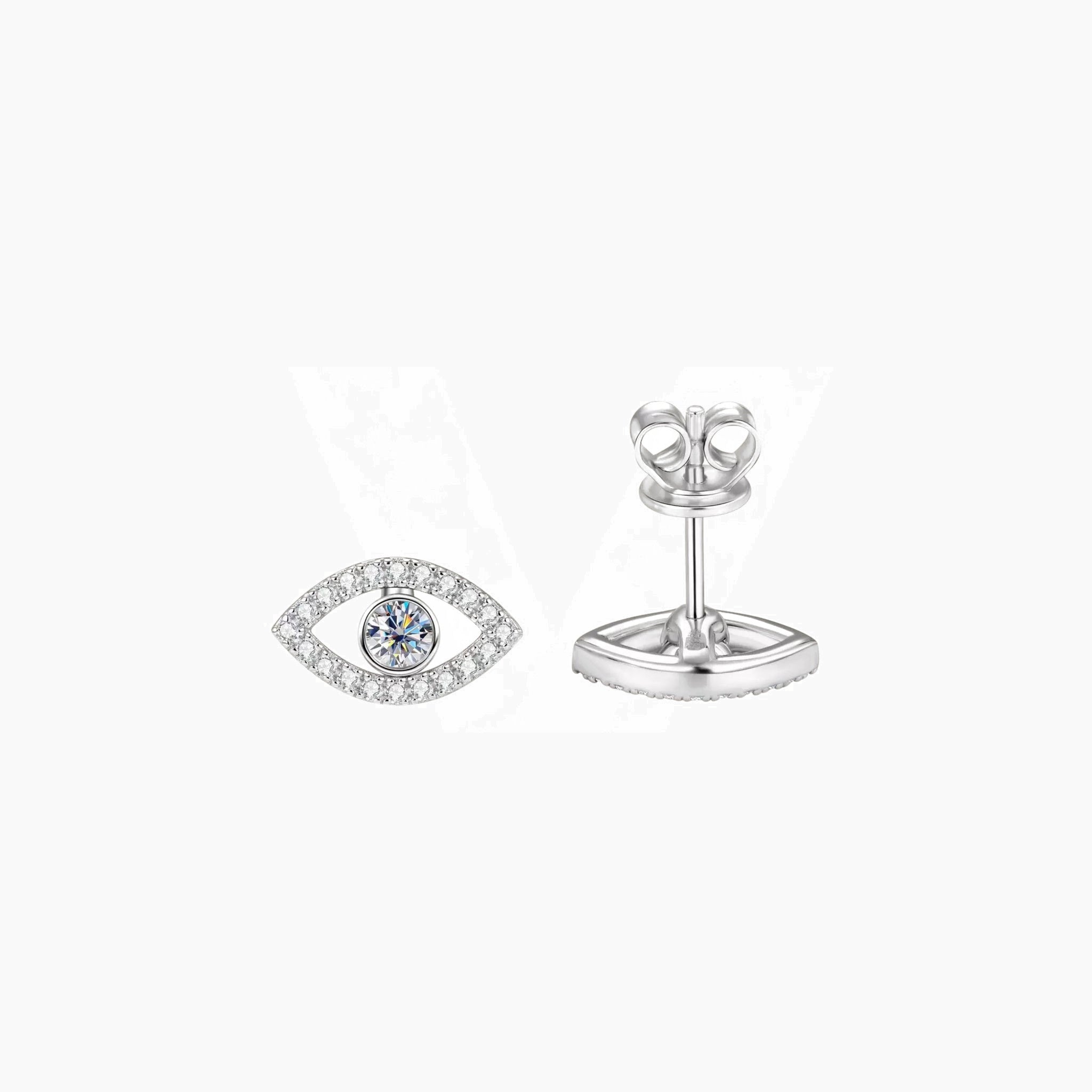 Pavé moissanite evil eye stud earrings in white gold vermeil, front and back views.