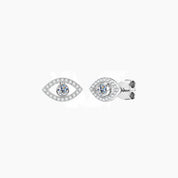 Pavé moissanite evil eye stud earrings in white gold vermeil, front and side views.
