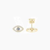 Pavé moissanite evil eye stud earrings in yellow gold vermeil, front and back views.