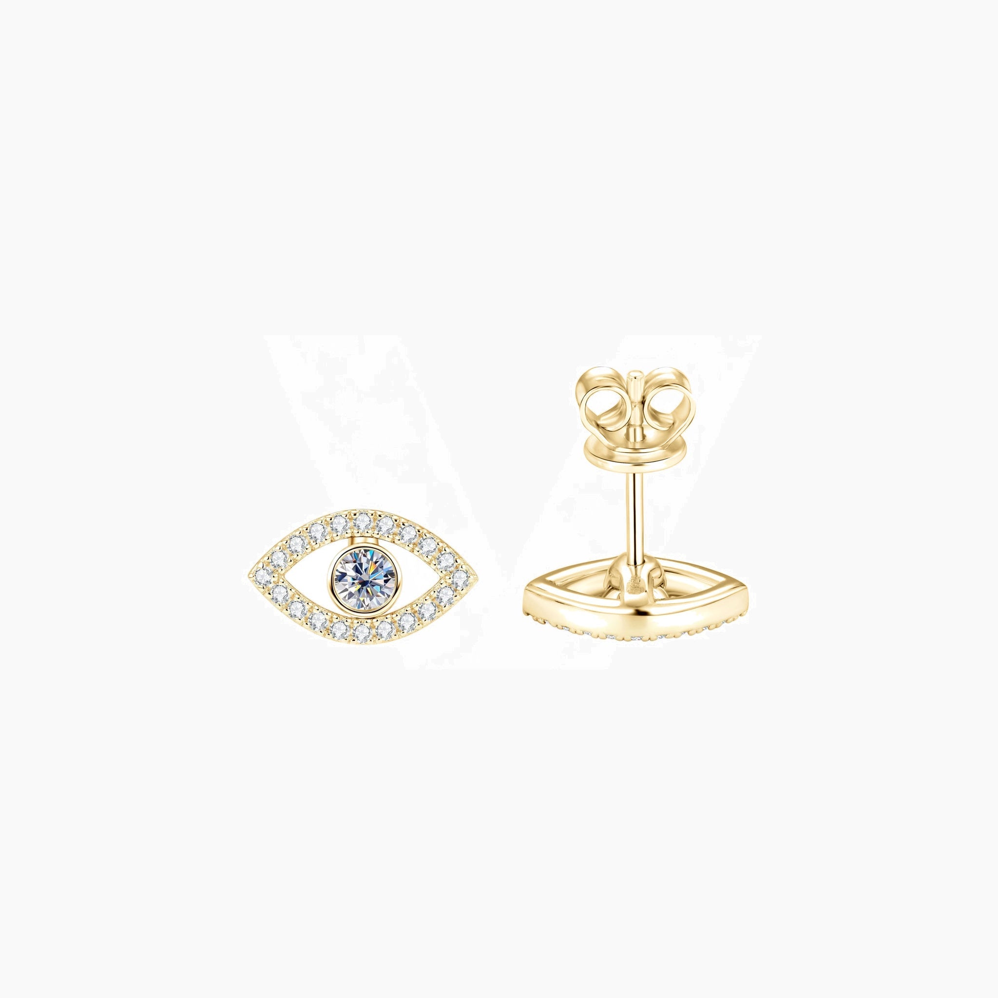 Pavé moissanite evil eye stud earrings in yellow gold vermeil, front and back views.
