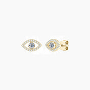 Pavé moissanite evil eye stud earrings in yellow gold vermeil, front and side views.