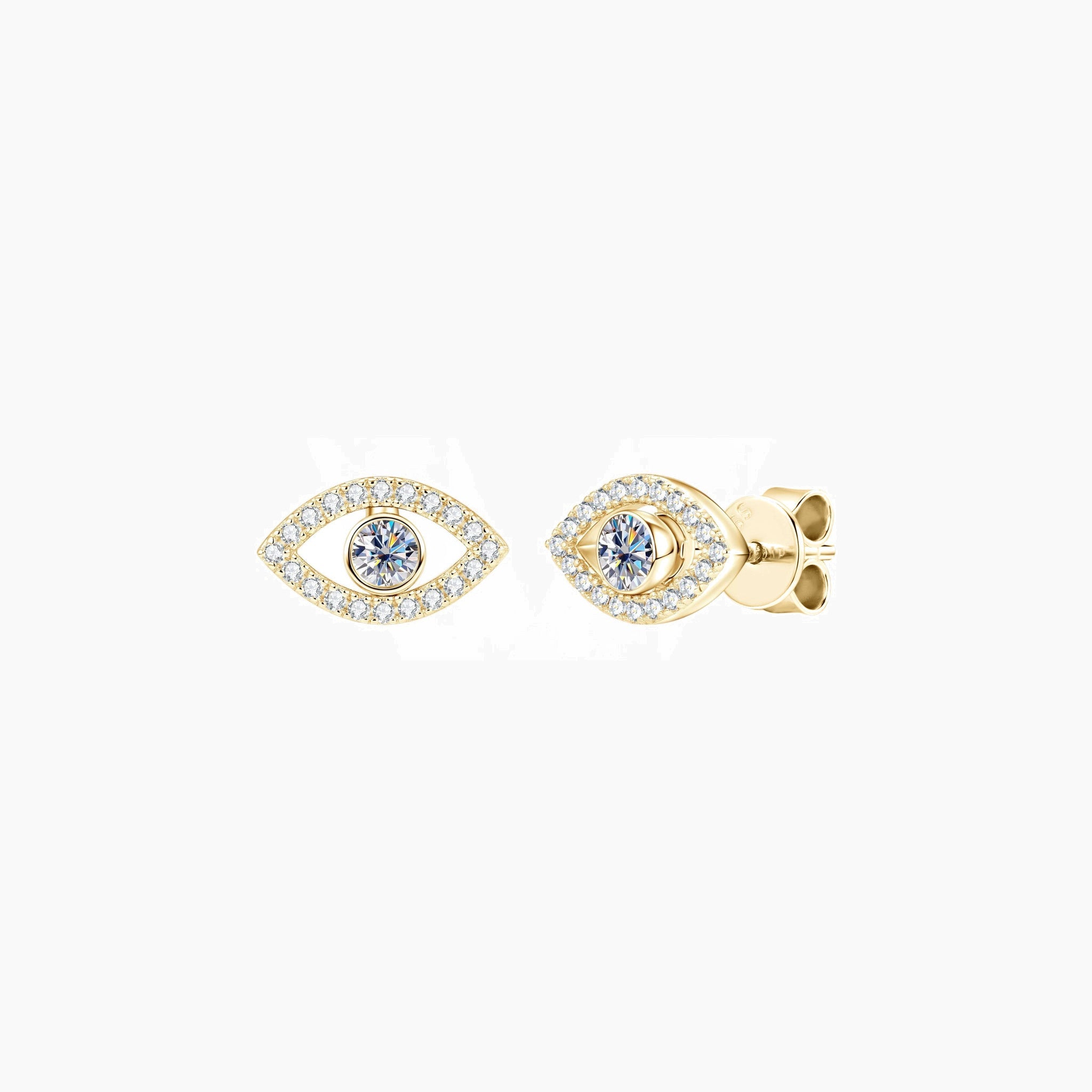 Pavé moissanite evil eye stud earrings in yellow gold vermeil, front and side views.