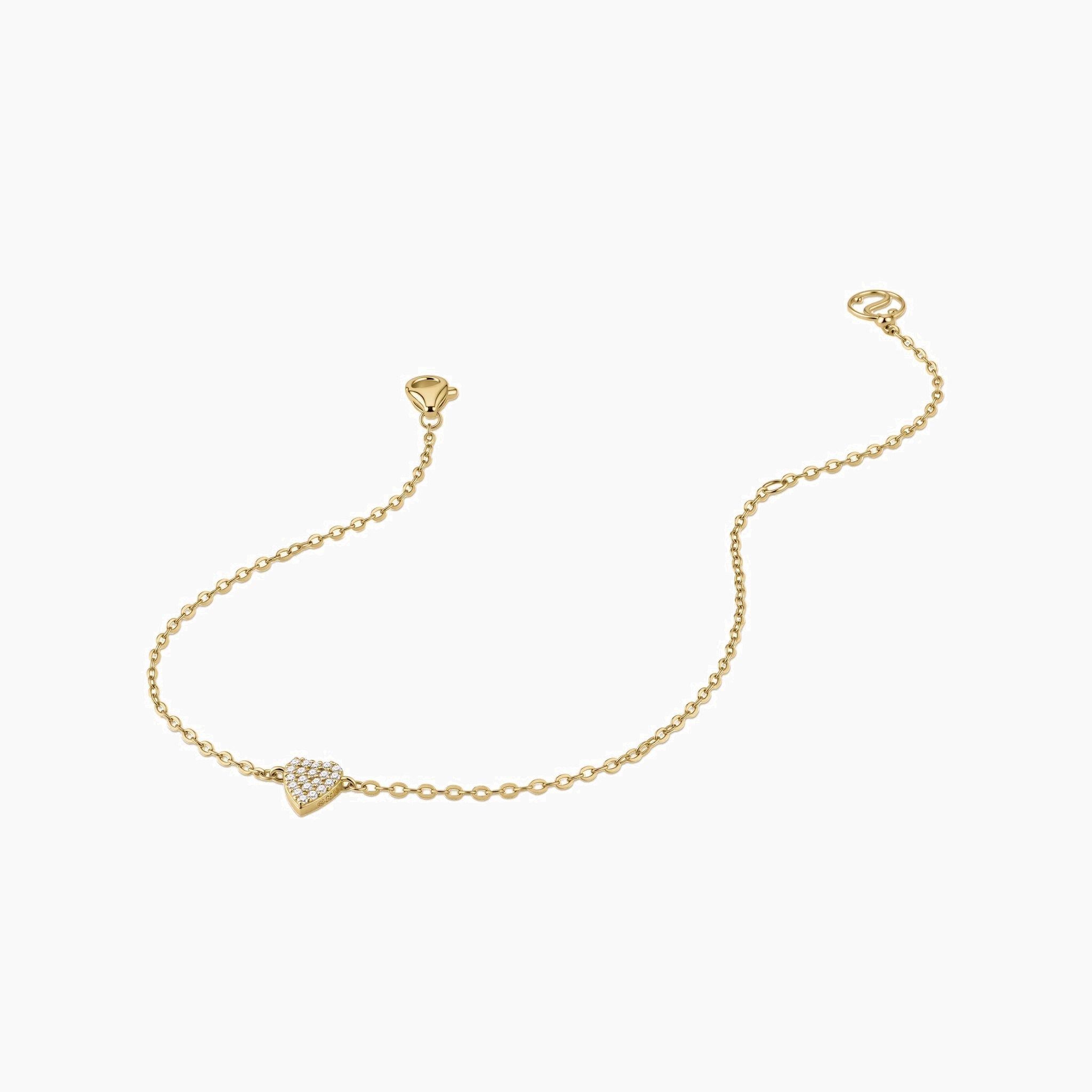 Pavé moissanite heart bracelet in yellow gold vermeil, open view showing the closure.