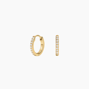 Pavé moissanite huggie hoop earrings in yellow gold vermeil, front and side views.