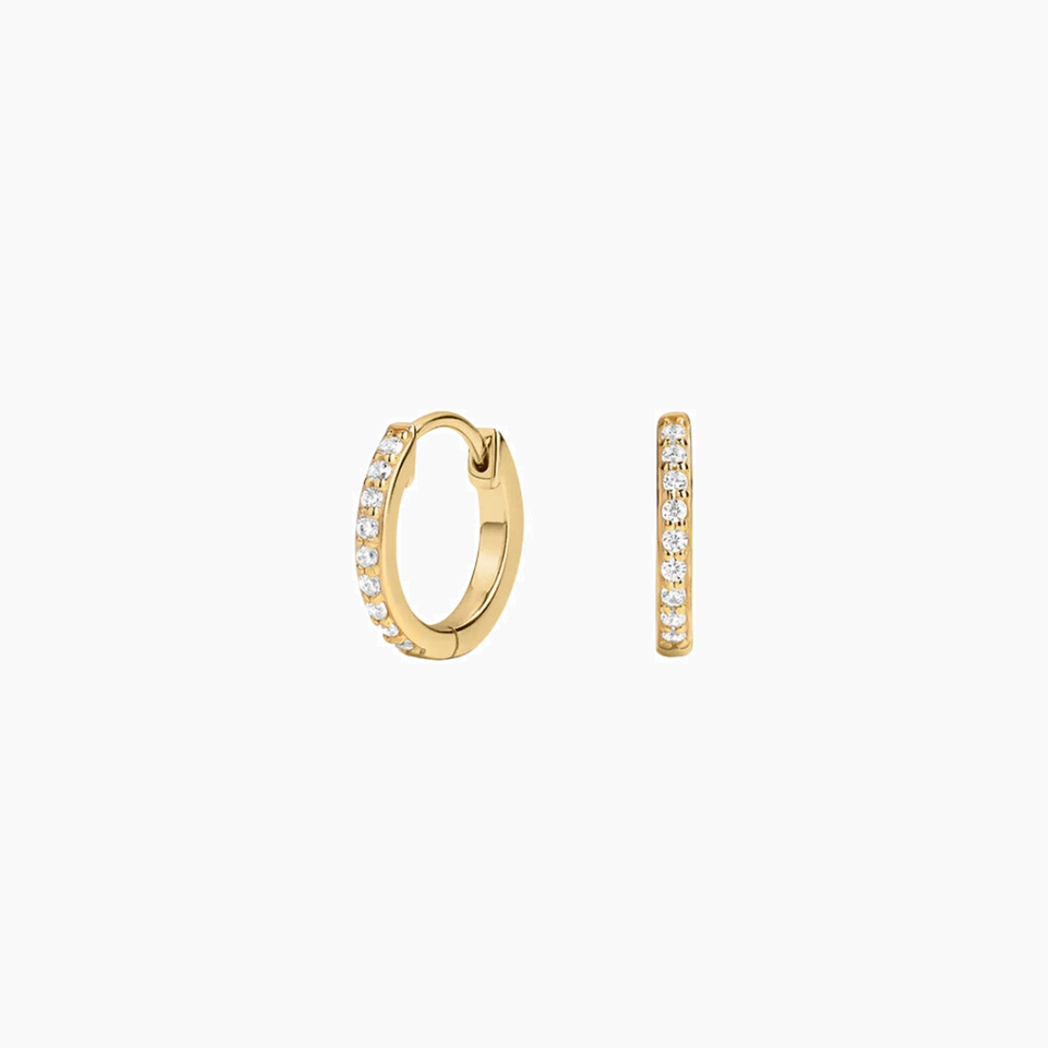 Pavé moissanite huggie hoop earrings in yellow gold vermeil, front and side views.