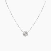 Pavé moissanite round pendant necklace in white gold vermeil, front view.