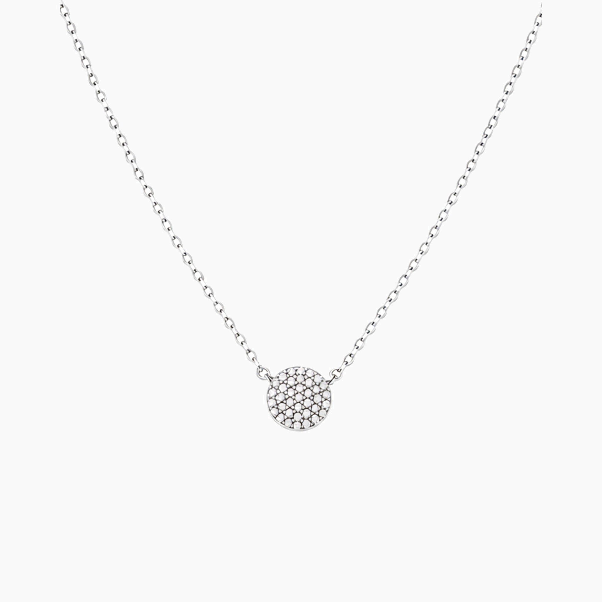 Pavé moissanite round pendant necklace in white gold vermeil, front view.