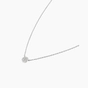 Pavé moissanite round pendant necklace in white gold vermeil, side view.