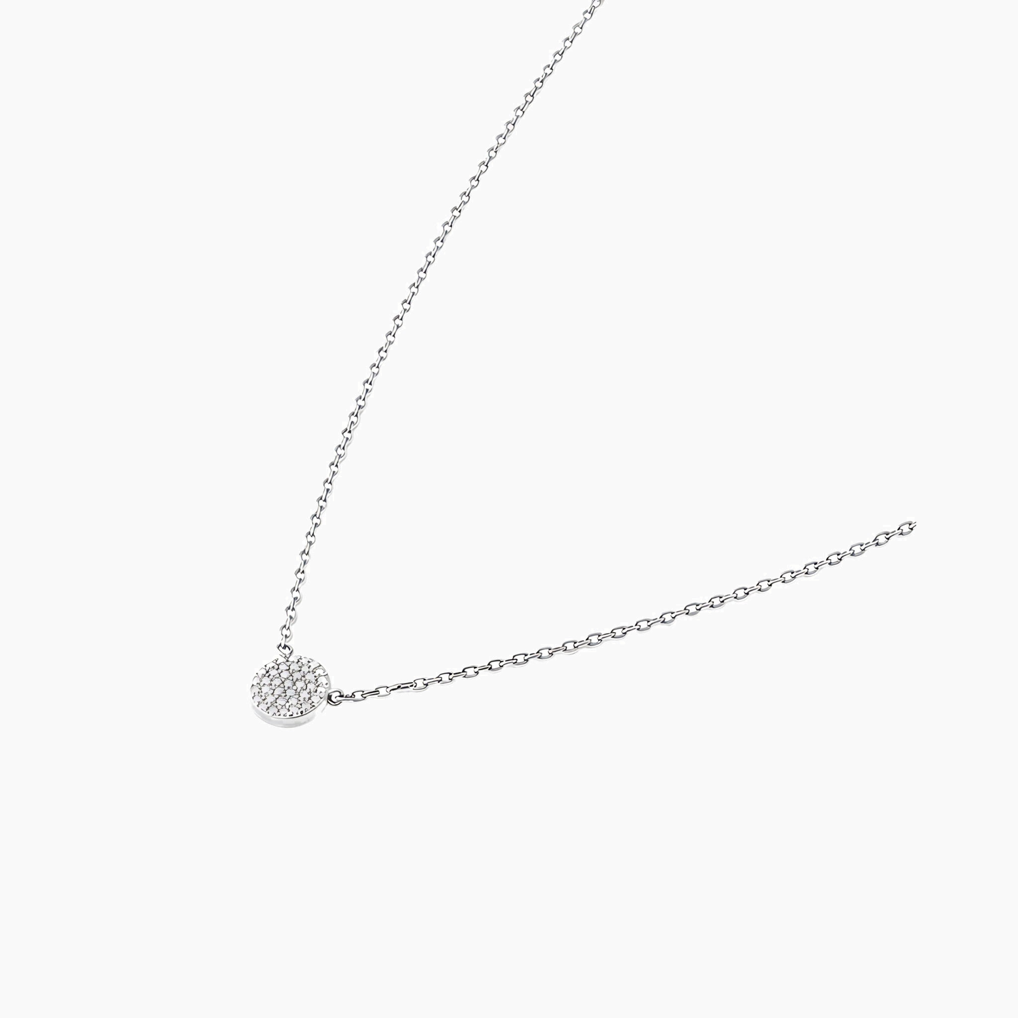 Pavé moissanite round pendant necklace in white gold vermeil, side view.