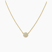 Pavé moissanite round pendant necklace in yellow gold vermeil, front view.
