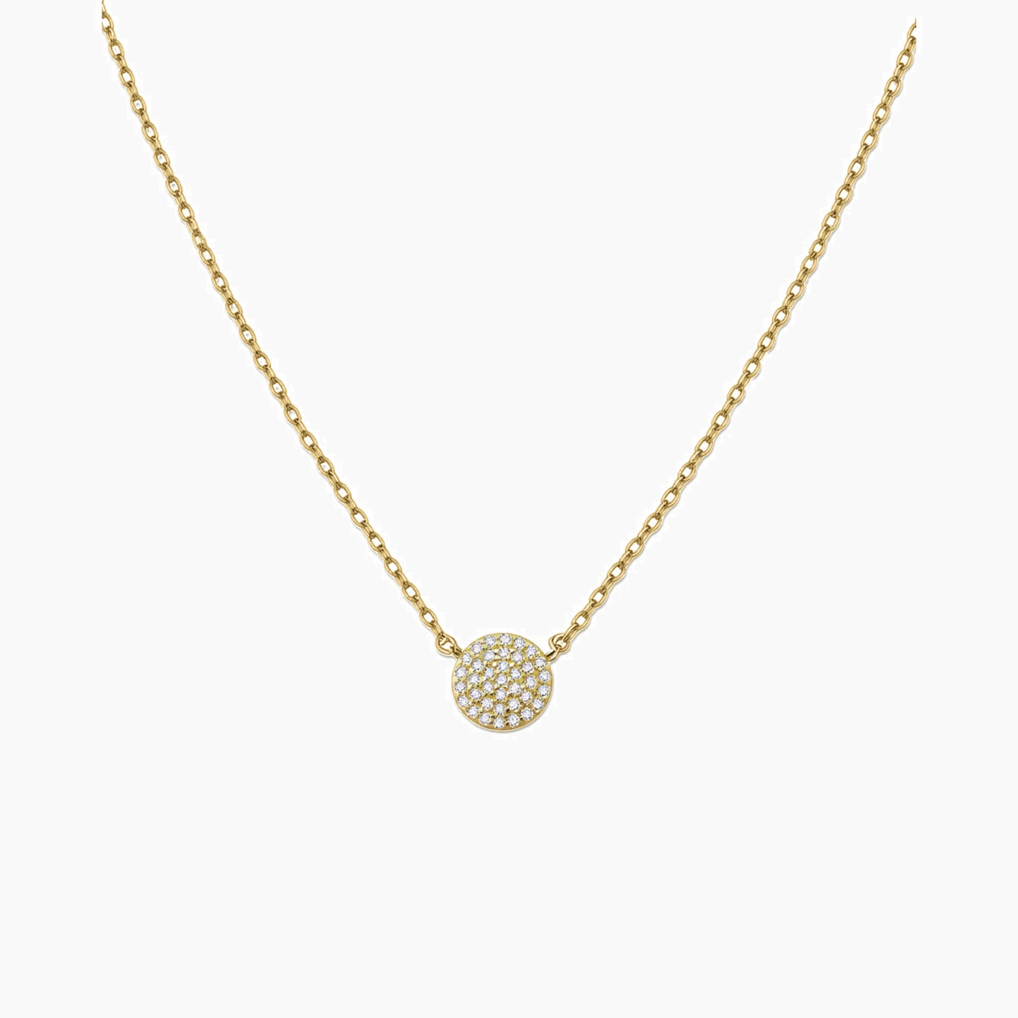 Pavé moissanite round pendant necklace in yellow gold vermeil, front view.