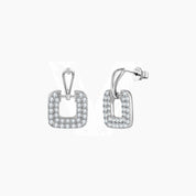 Pavé moissanite square drop earrings in white gold vermeil, front and side views.