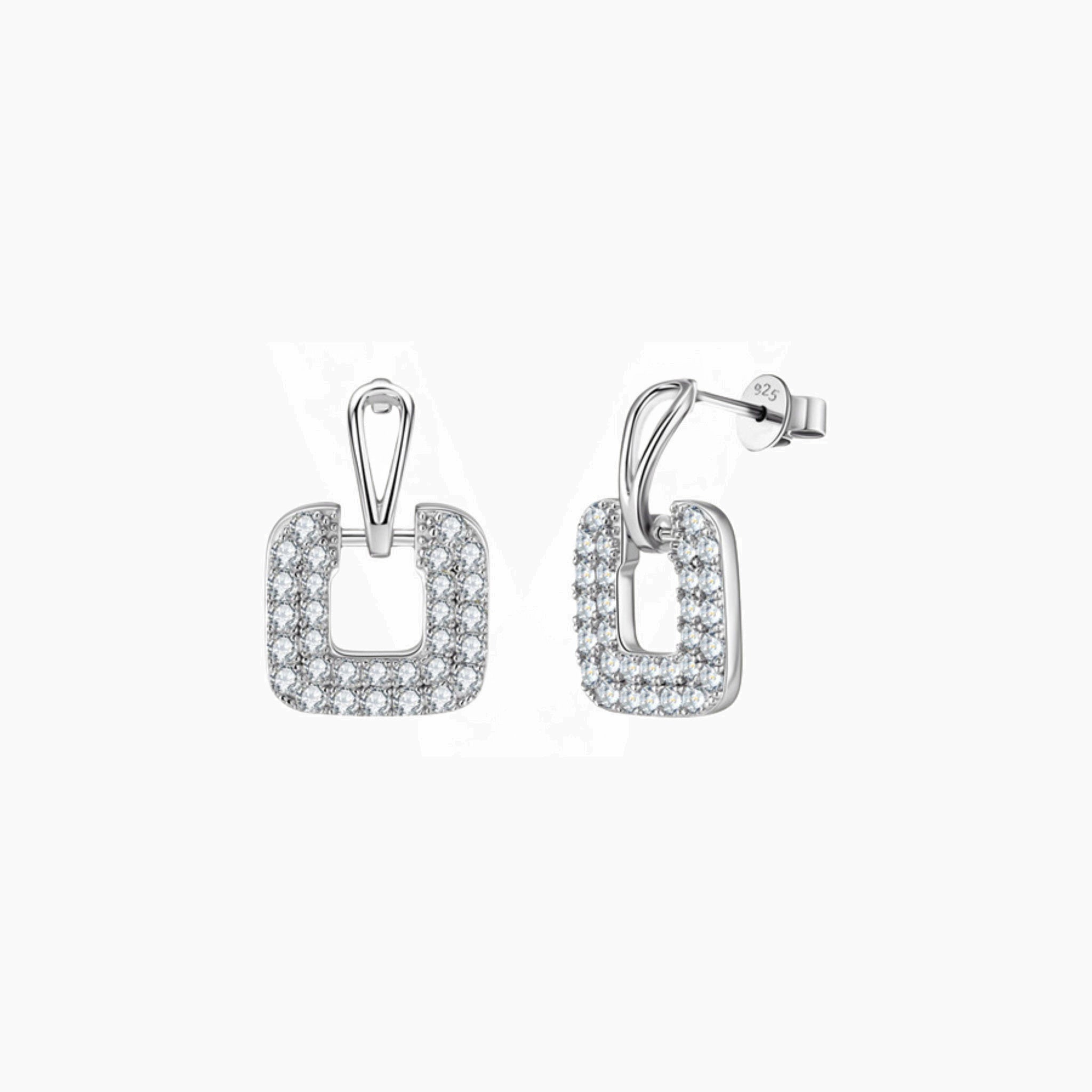 Pavé moissanite square drop earrings in white gold vermeil, front and side views.