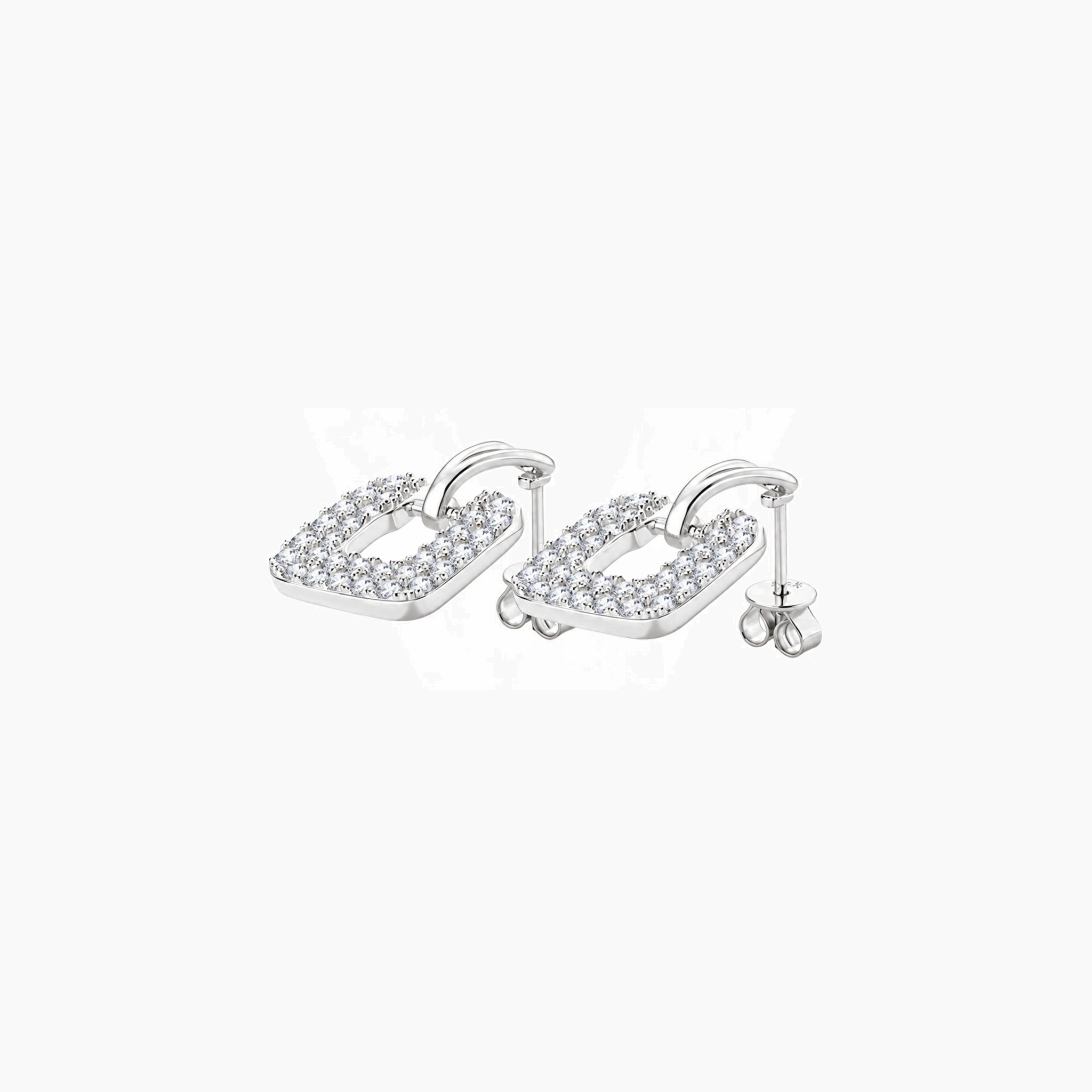 Pavé moissanite square drop earrings in white gold vermeil, full product view.
