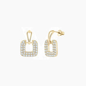 Pavé moissanite square drop earrings in yellow gold vermeil, front and side views.