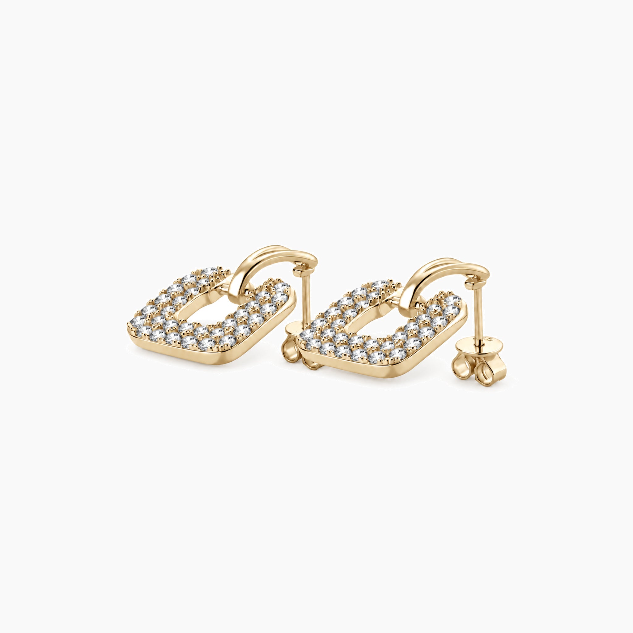 Pavé moissanite square drop earrings in yellow gold vermeil, side view.
