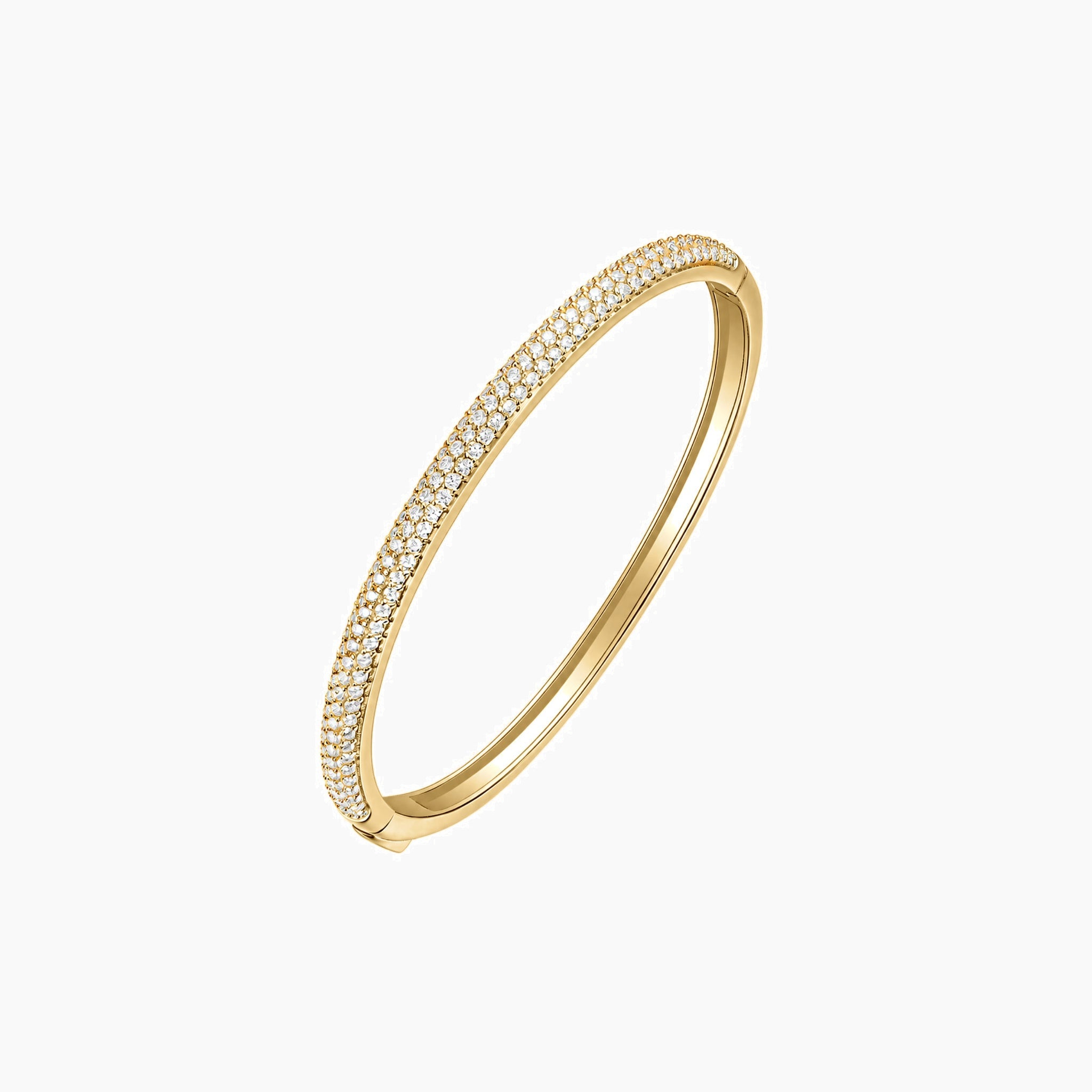 Pavé moissanite stackable bangle in yellow gold vermeil, angled view.