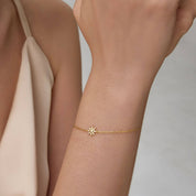 Pavé moissanite sunburst bracelet worn on the wrist.