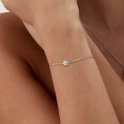 Pavé moissanite sunburst bracelet worn on the wrist.
