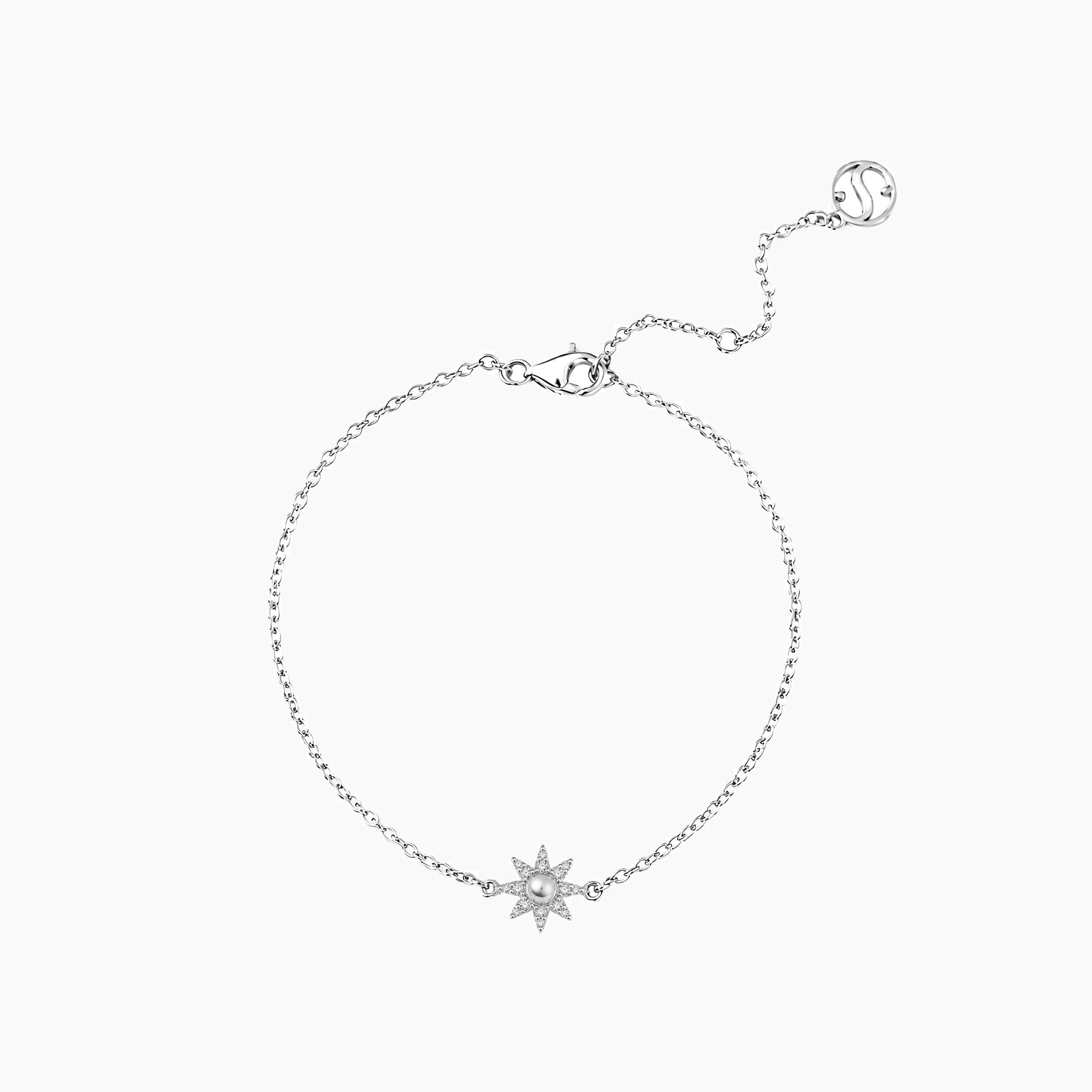 Pavé moissanite sunburst bracelet in white gold vermeil, full product view.