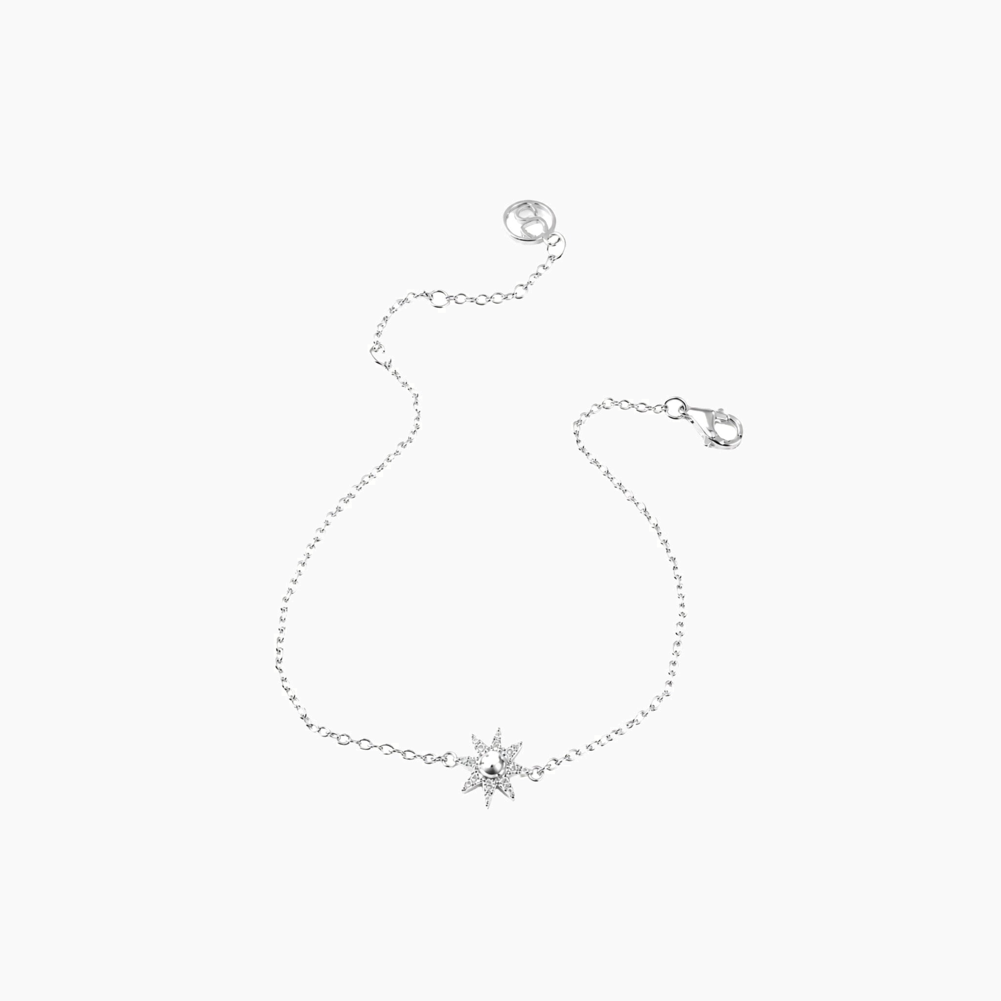 Pavé moissanite sunburst bracelet in white gold vermeil, open view showing the closure.