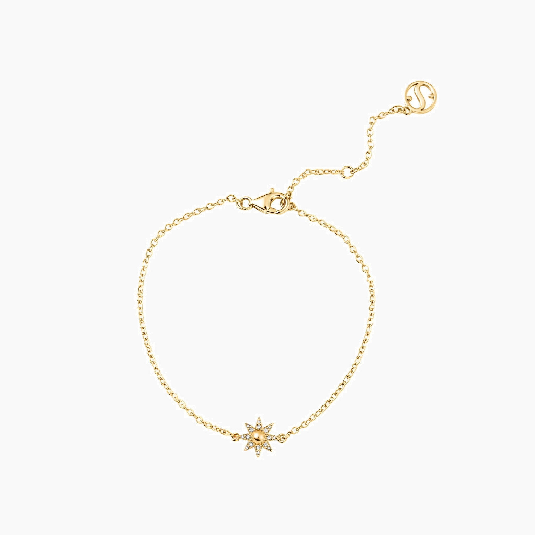 Pavé moissanite sunburst bracelet in yellow gold vermeil, full product view.