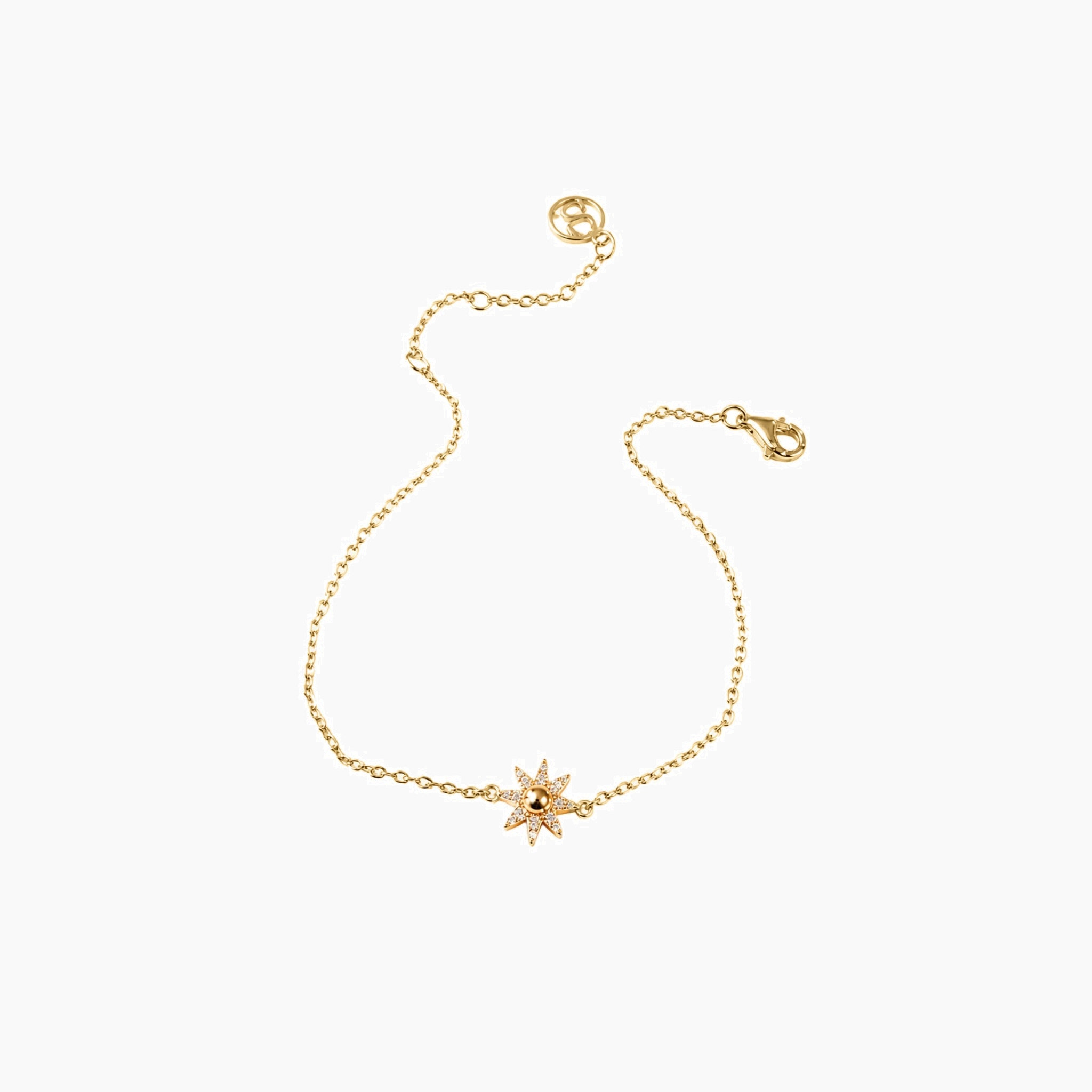 Pavé moissanite sunburst bracelet in yellow gold vermeil, open view showing the closure.