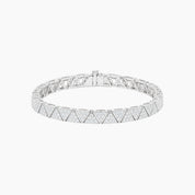 Pavé moissanite triangle-link tennis bracelet in white gold vermeil, full product view.