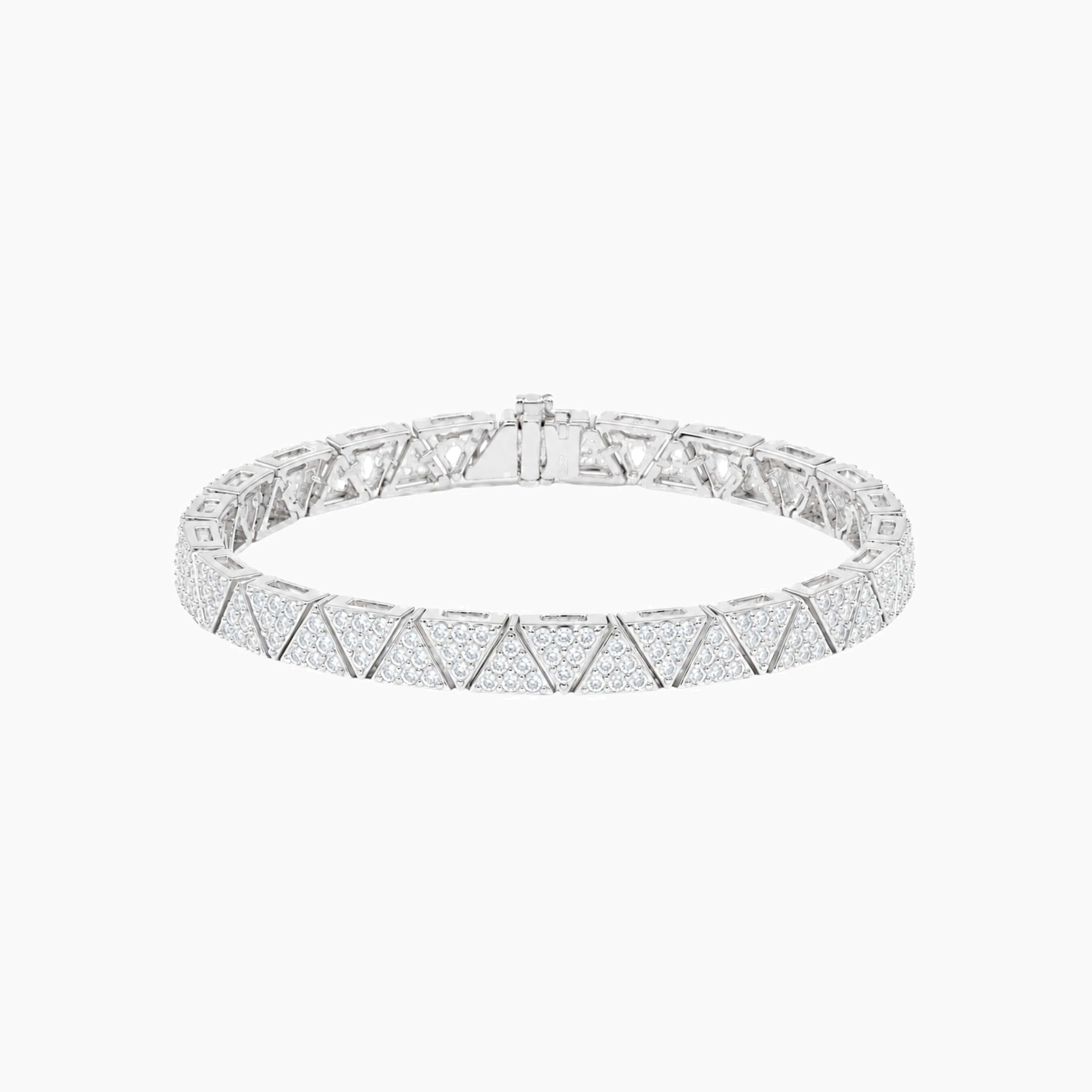 Pavé moissanite triangle-link tennis bracelet in white gold vermeil, full product view.